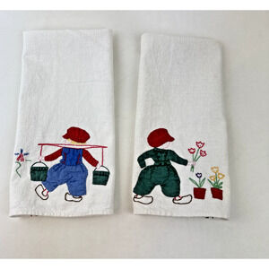 2 Vintage Dutch-themed Hand Embroidered Dish Towel 1 white 1 off white